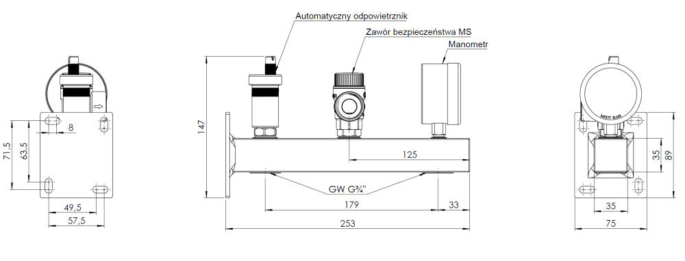9061010 Группа безопасности котла BSS, Nmax UDT 42,6 кВт, с предохранительным клапаном MS 1,5 бар, с подключением расширительного бака - Размеры AFRISO 1