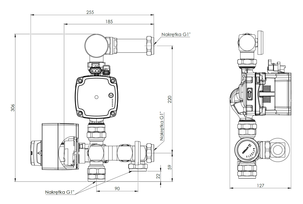 9055100 Насосно-смесительный узел BRU 551 для теплого пола с клапаном ARV 362 Vario ProClick - Размеры AFRISO 1