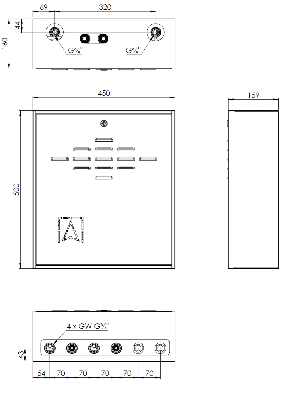 7620500 PrimoBox AZB 205 с гидрострелкой, 1 контур без смешивания и 1 контур со смесительным клапаном и приводом ARM - Размеры AFRISO 1