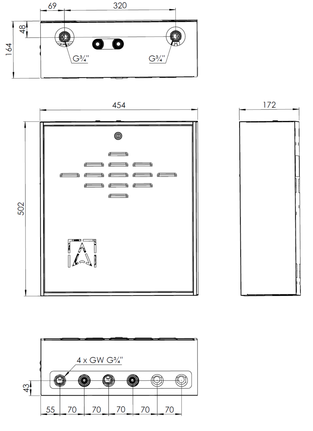 7620100 PrimoBox AZB 201 с гидрострелкой, 1 контур без смешивания и 1 контур с термостатическим клапаном ATM - Размеры AFRISO 1