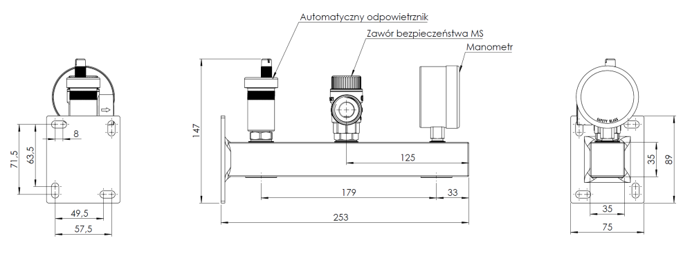 9061000 Группа безопасности котла BSS, Nmax UDT 73,6 кВт, с предохранительным клапаном MS 3 бар, с подключением расширительного бака - Размеры AFRISO 1