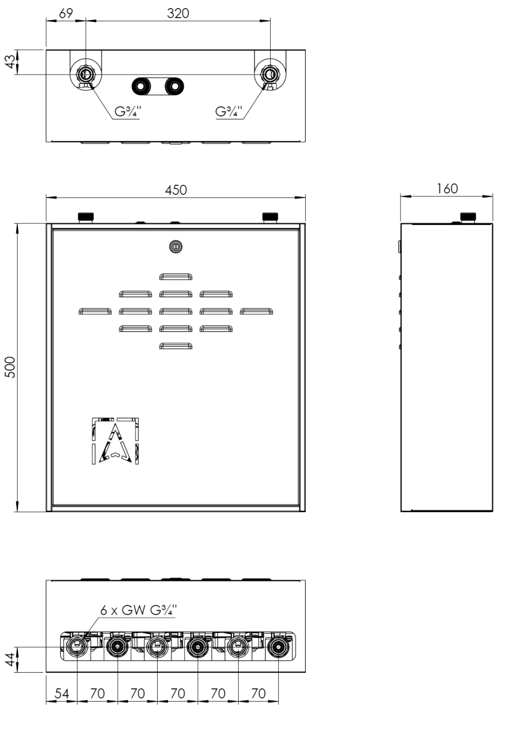 7630000 PrimoBox AZB 300 с гидрострелкой, 3 контура без смешивания - Размеры AFRISO 1