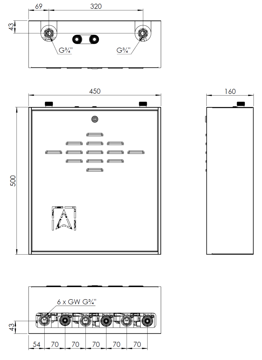 7635500 PrimoBox AZB 355 с гидрострелкой, 1 контур без смешивания и 2 контура со смесительным клапаном и приводом ARM - Размеры AFRISO 1