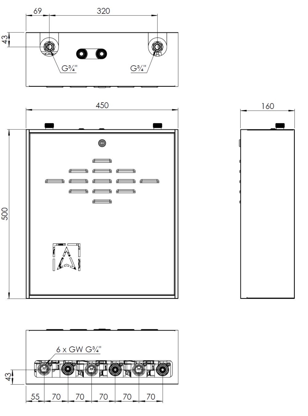 7631100 PrimoBox AZB 311 с гидрострелкой, 1 контур без смешивания и 2 контура с термостатическим клапаном ATM - Размеры AFRISO 1