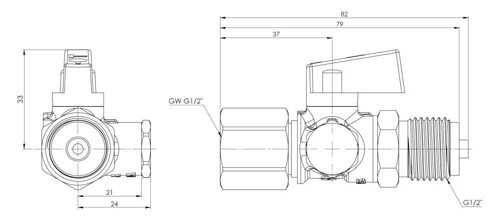 6341300 Кран AMC 2-ходовой, НРП1/2" x гайка ВРП1/2" - Размеры AFRISO 1