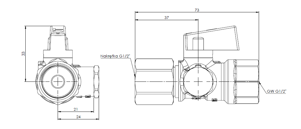 6346300 Кран AMC 2-ходовой, ВРП1/2'' x гайка ВРП1/2'' - Размеры AFRISO 1