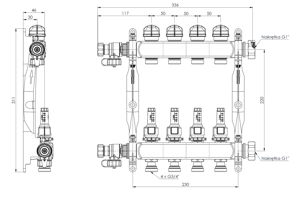 86404 ProCalida VA 1C из нержавеющей стали, 4 контура, гайки ВРП1'', 0,5 - 4,0 л/мин - Размеры AFRISO 1
