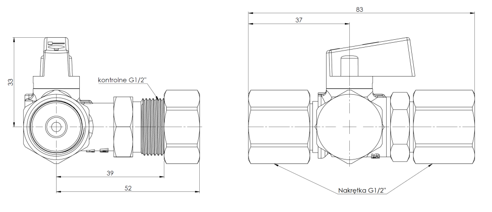6353300 Манометрический кран AMC 3-ходовой, 2x гайка ВРП1/2'' x контрольное соединение НР1/2'' - Размеры AFRISO 1