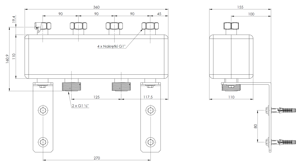 9023000 Коллектор KSV 90-2 для насосных групп BPG, до 50 кВт, для 2 контуров - Размеры AFRISO 1