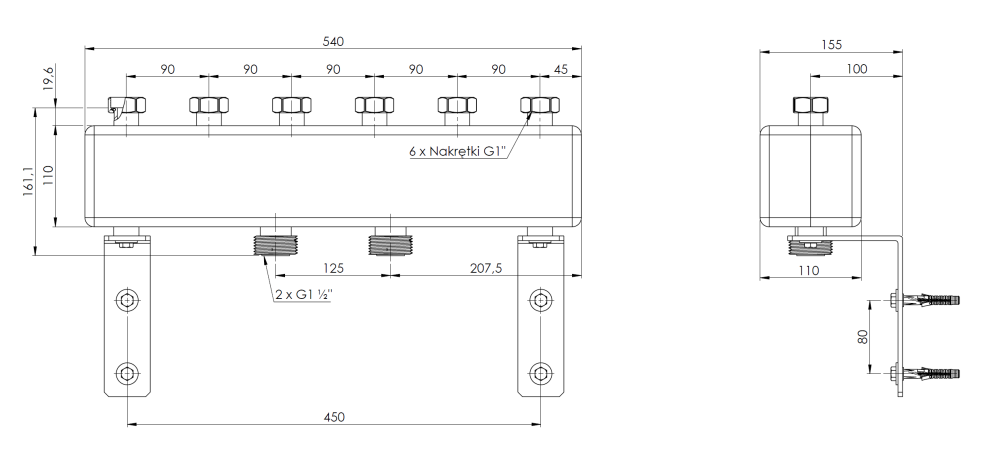 9023100 Коллектор KSV 90-3 для насосных групп BPG, до 50 кВт, для 3 контуров - Размеры AFRISO 1