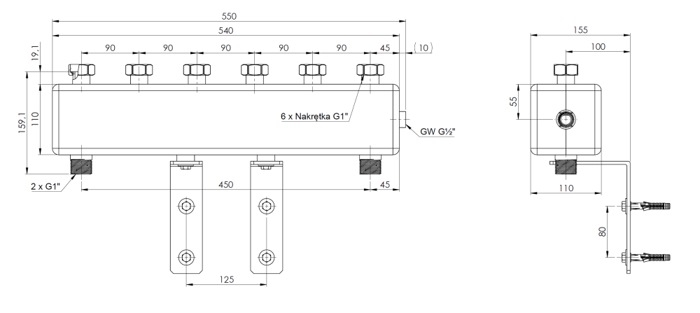 9023300 Коллектор с гидрострелкой KSV 90-3 HW, 50 кВт, для 3 контуров - Размеры AFRISO 1
