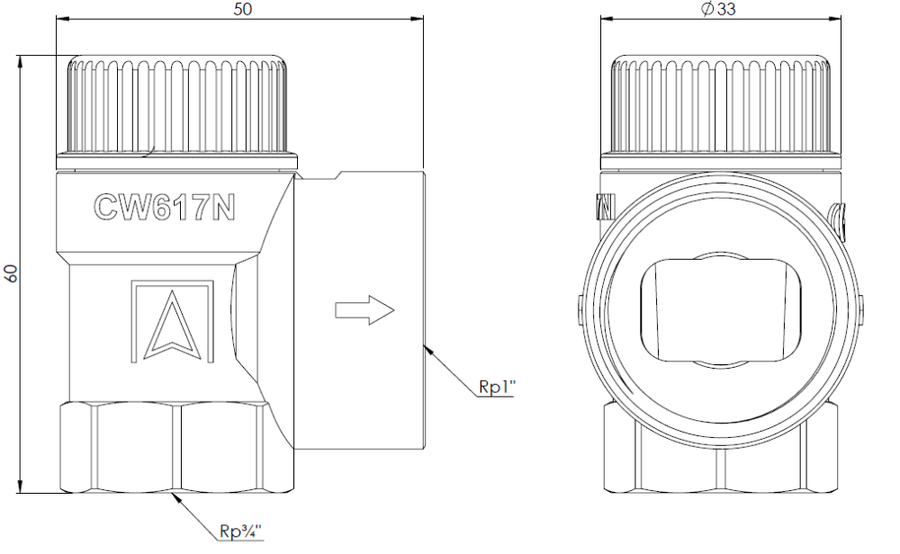 42391 Предохранительный клапан для центрального отопления MS, 3 бар, ВР3/4" x ВР1" - Размеры AFRISO 1