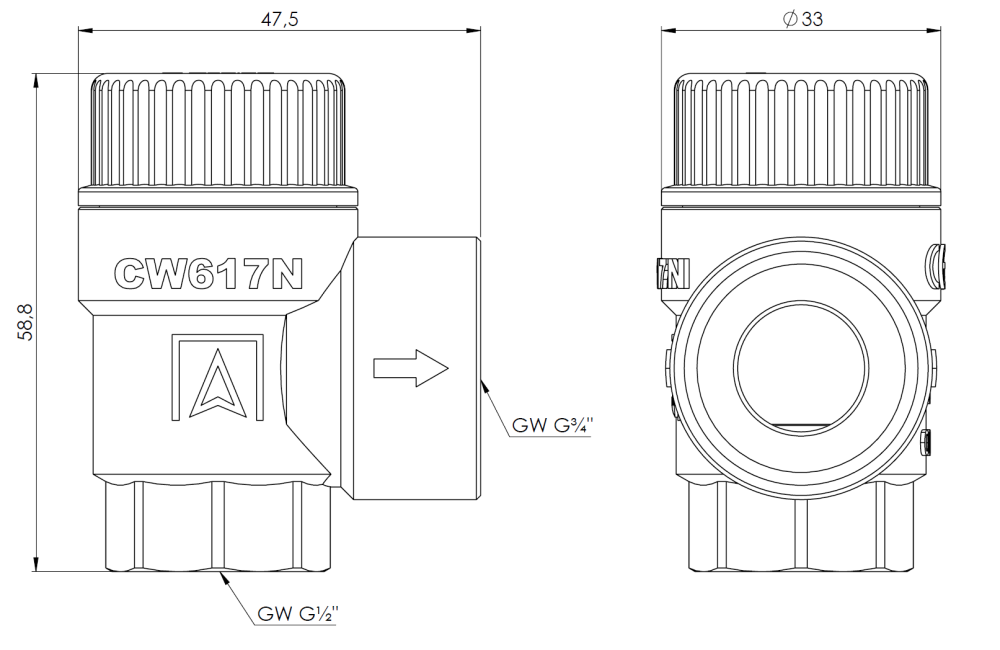 42422 Предохранительный клапан для бойлеров ГВС MSW, 8 бар, ВР1/2" x ВР3/4" - Размеры AFRISO 1