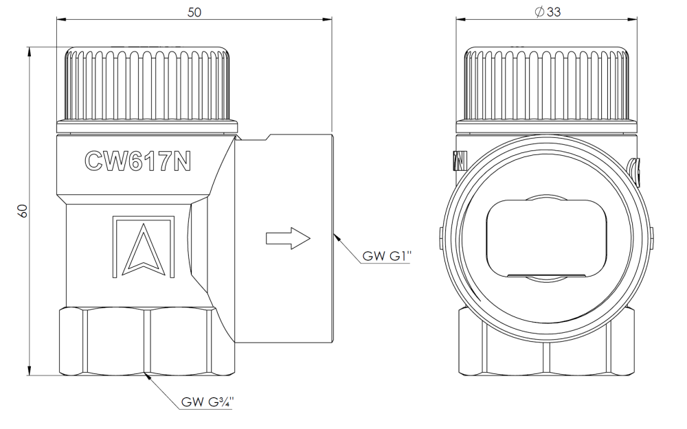 42425 Предохранительный клапан для бойлеров ГВС MSW, 6 бар, ВР3/4" x ВР1" - Размеры AFRISO 1