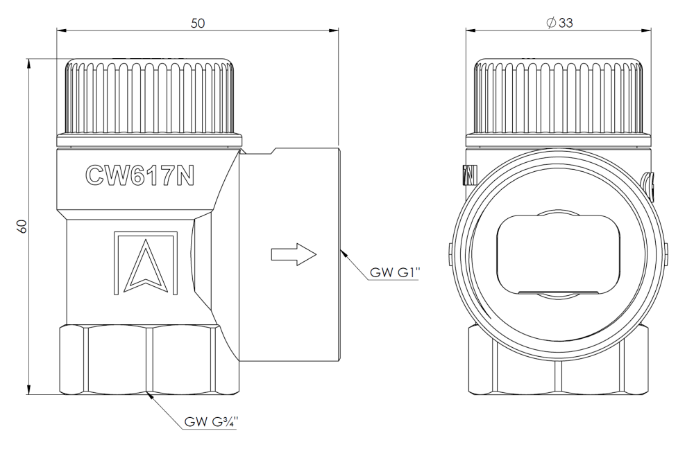 42426 Предохранительный клапан для бойлеров ГВС MSW, 8 бар, ВР3/4" x ВР1" - Размеры AFRISO 1