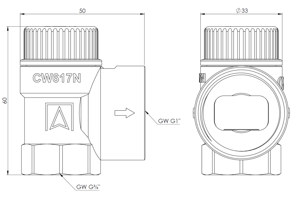 42427 Предохранительный клапан для бойлеров ГВС MSW, 10 бар, ВР3/4" x ВР1" - Размеры AFRISO 1