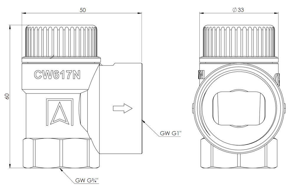 42360 Предохранительный клапан для центрального отопления MS, 1,5 бар, ВР3/4" x ВР1" - Размеры AFRISO 1