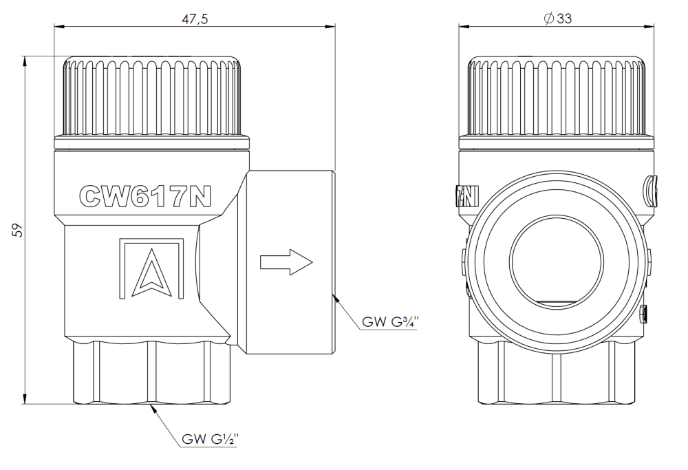 42392 Предохранительный клапан для центрального отопления MS, 6 бар, ВР1/2" x ВР3/4" - Размеры AFRISO 1