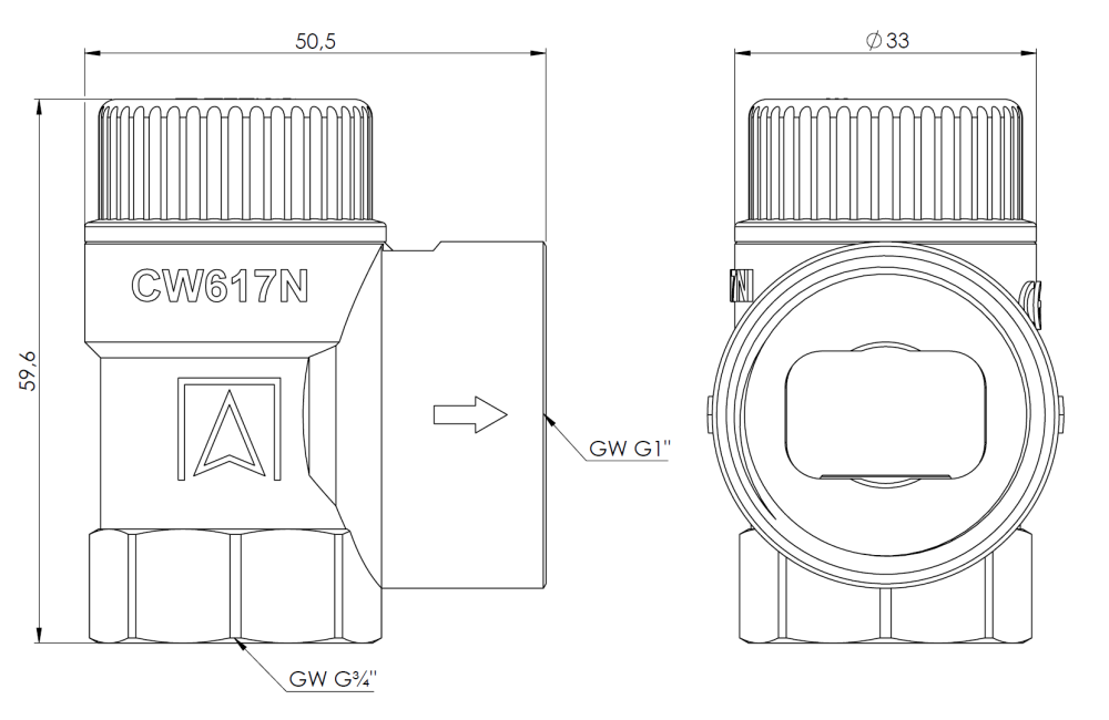 42332 Предохранительный клапан для солнечных систем MSS, 6 бар, ВР3/4" x ВР1" - Размеры AFRISO 1