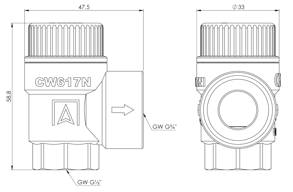 42423 Предохранительный клапан для бойлеров ГВС MSW, 10 бар, ВР1/2" x ВР3/4" - Размеры AFRISO 1