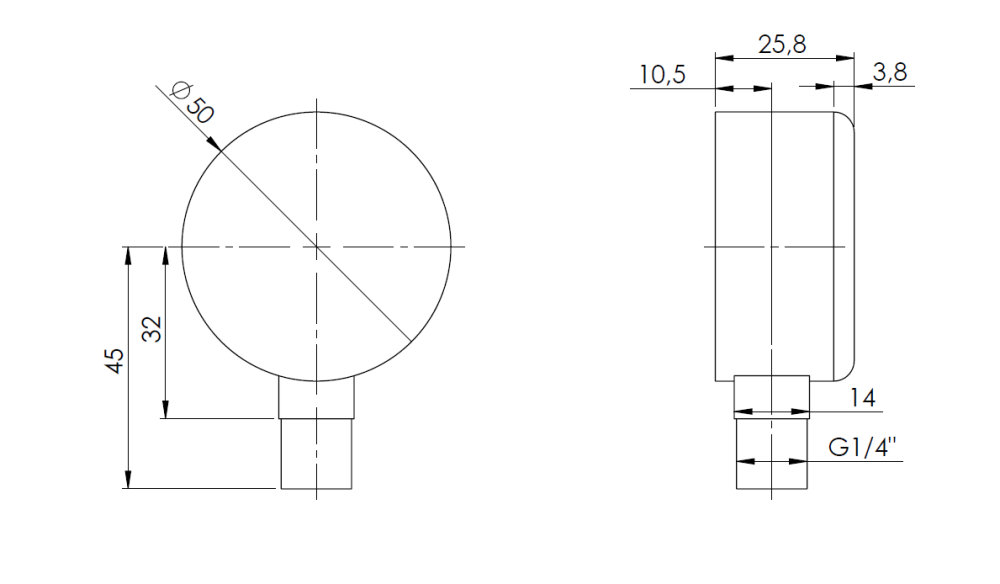 63122 Манометр RF 50, fi50 мм, 0÷6 бар, НР1/4", rad, кл. 2,5 - Размеры AFRISO 1