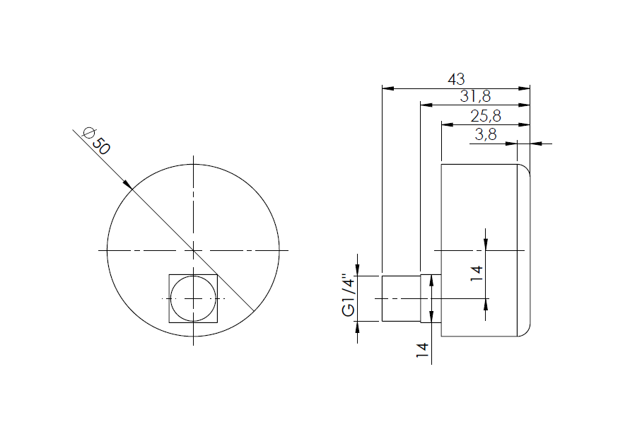63128 Манометр RF 50, fi50 мм, 0÷10 бар, НР1/4", ax, кл. 2,5 - Размеры AFRISO 1