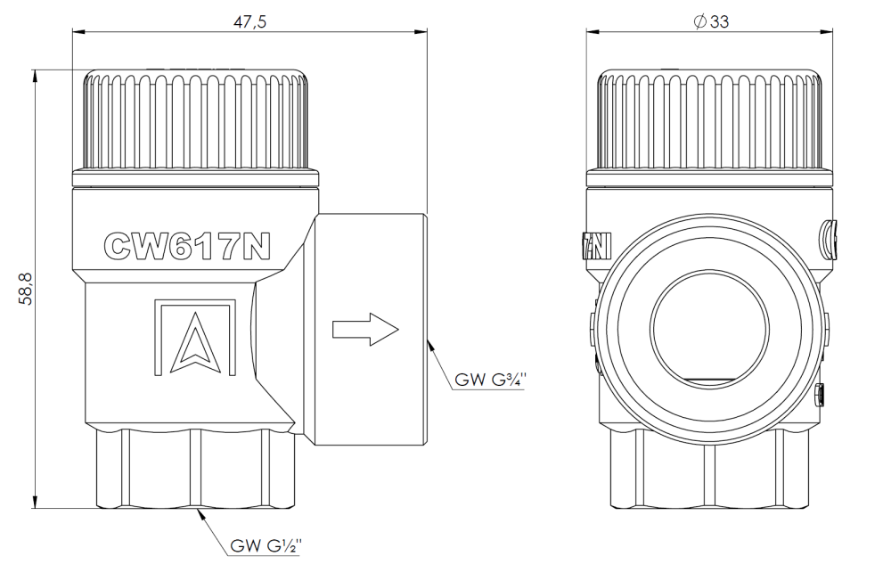 42421 Предохранительный клапан для бойлеров ГВС MSW, 6 бар, ВР1/2" x ВР3/4" - Размеры AFRISO 1