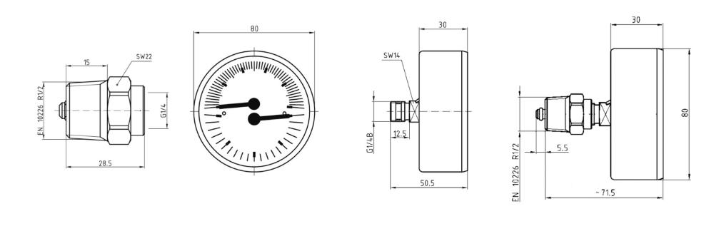 63341 Термоманометр TM 80, fi80 мм, 0÷4 бар, 20÷120°C, НР1/4", ax, кл. 2,5 - Размеры AFRISO 1