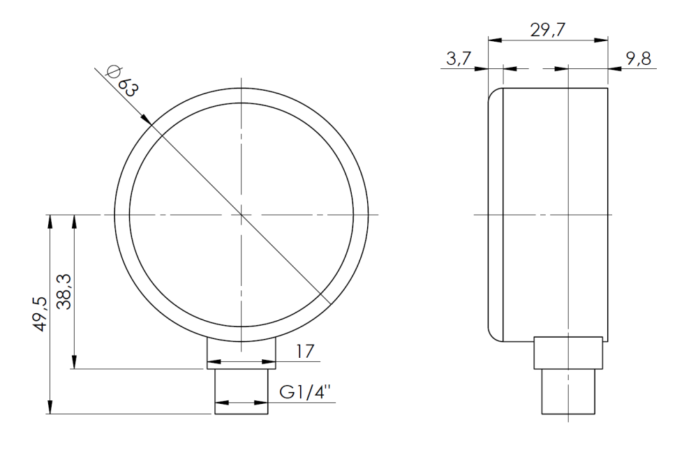 63515 Манометр RF 63, fi63 мм, 0÷16 бар, НР1/4", rad, кл. 2,5 - Размеры AFRISO 1
