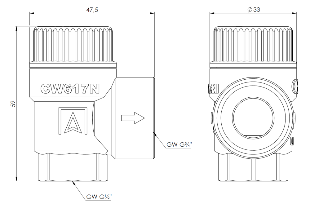 42375 Предохранительный клапан для центрального отопления MS, 2 бар, ВР1/2" x ВР3/4" - Размеры AFRISO 1