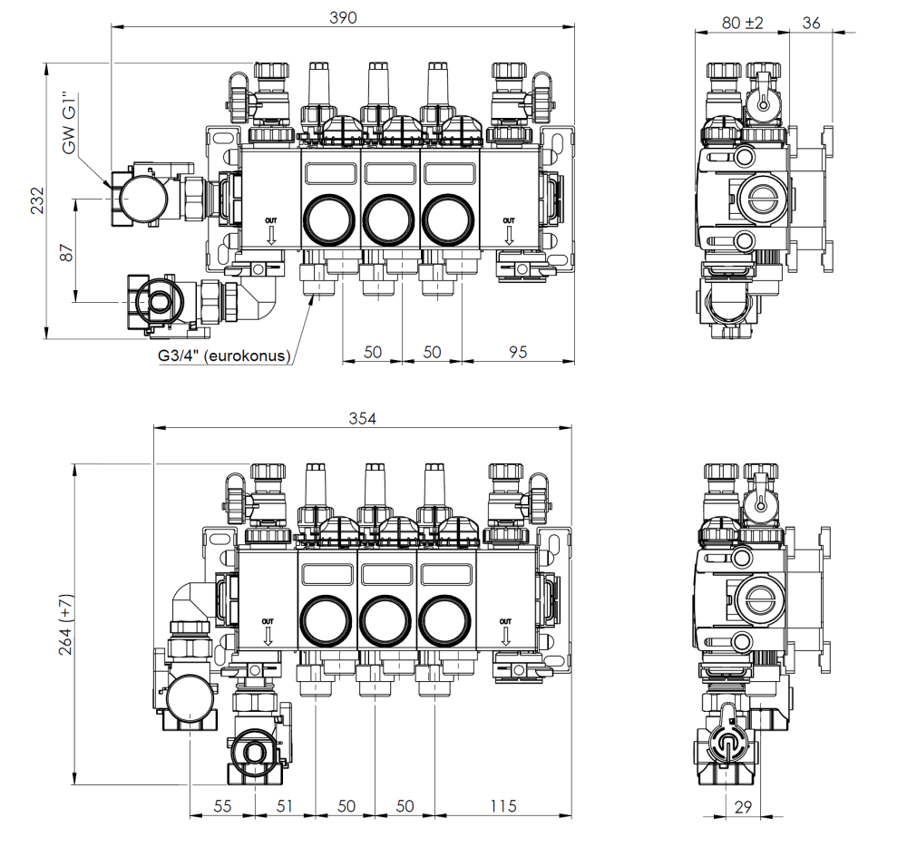 81483 ProCalida CC на 3 контура отопления, ротаметры 0,75÷3,75 л/мин - Размеры AFRISO 1