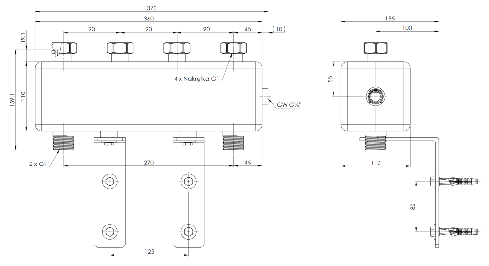 9023200 Коллектор KSV 90-2 HW с гидрострелкой для насосных групп BPG, до 50 кВт, для 2 контуров - Размеры AFRISO 1