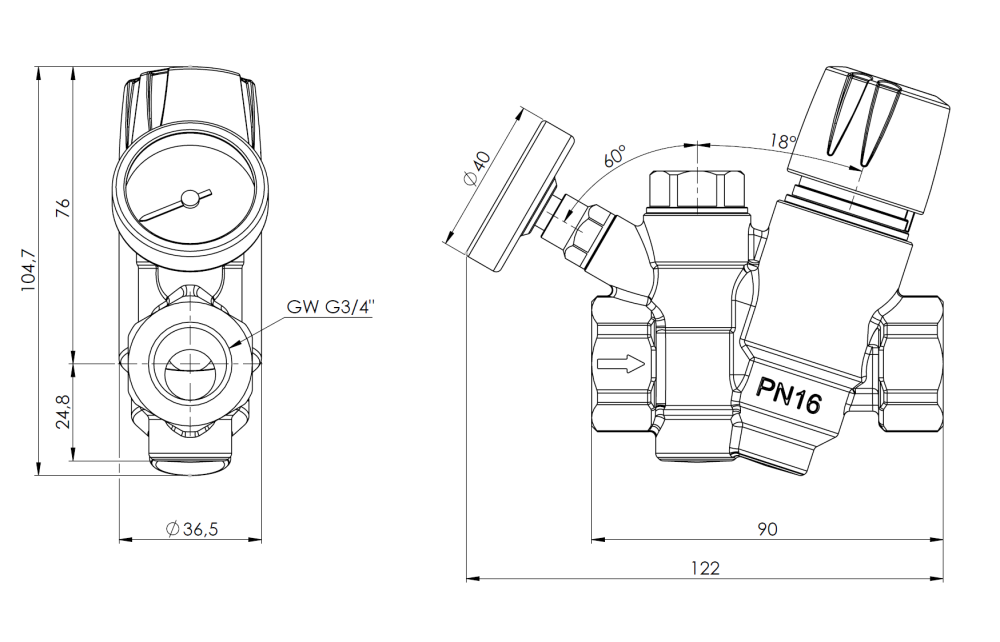 1921000 Термостатический балансировочный клапан ATB 210 с функцией перегрева для циркуляции ГВС, DN20, 40÷60°C, kv 1,7 м³/ч - Размеры AFRISO 1