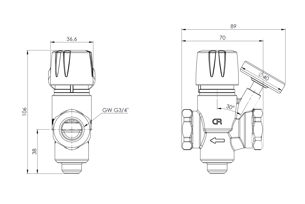 1911000 Термостатический балансировочный клапан ATB 110 для циркуляции ГВС, DN20, 40÷65°C, kv 1,5 м³/ч - Размеры AFRISO 1