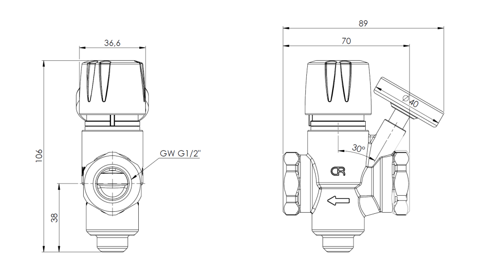 1910000 Термостатический балансировочный клапан ATB 100 для циркуляции ГВС, DN15, 40÷65°C, kv 1,5 м³/ч - Размеры AFRISO 1