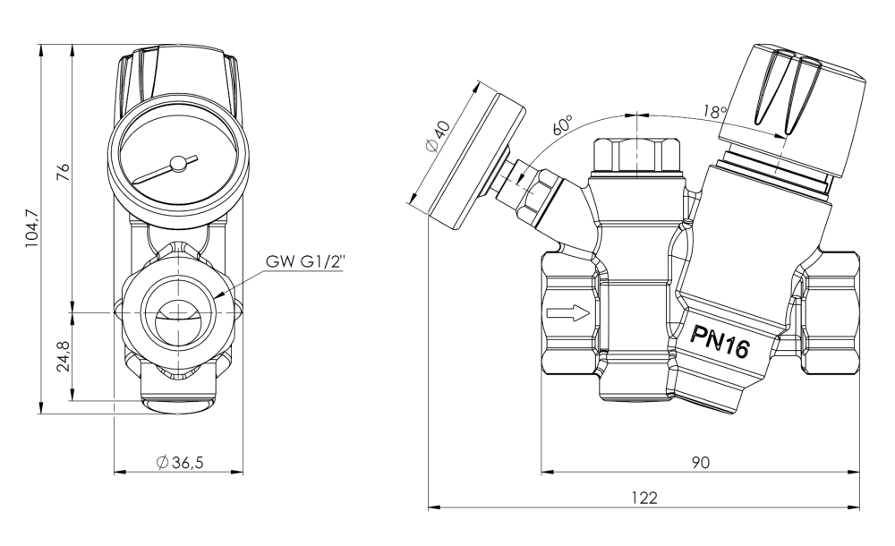 1920000 Термостатический балансировочный клапан ATB 200 с функцией перегрева для циркуляции ГВС, DN15, 40÷60°C, kv 1,7 м³/ч - Размеры AFRISO 1
