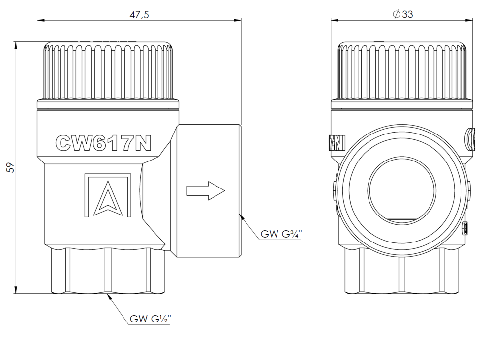42376 Предохранительный клапан для центрального отопления MS, 1,5 бар, ВР1/2" x ВР3/4" - Размеры AFRISO 1