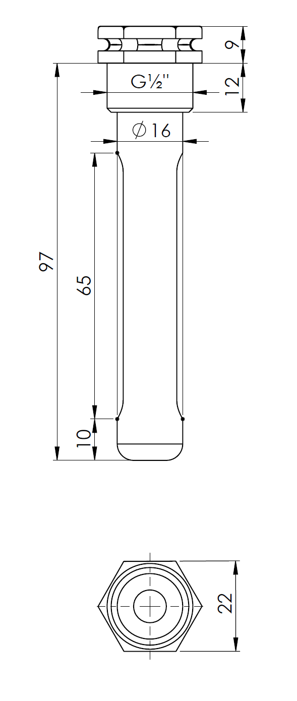 555012 Погружная гильза, fi15x16 мм, L 100 мм, НР1/2", для 3 датчиков - Размеры AFRISO 1