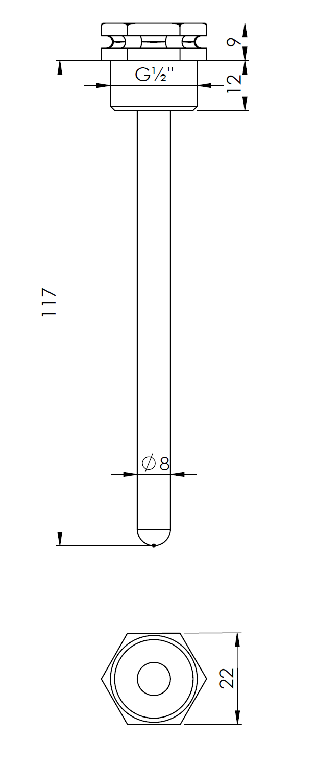 555004 Погружная гильза, fi7x8 мм, L 120 мм, НР1/2" - Размеры AFRISO 1