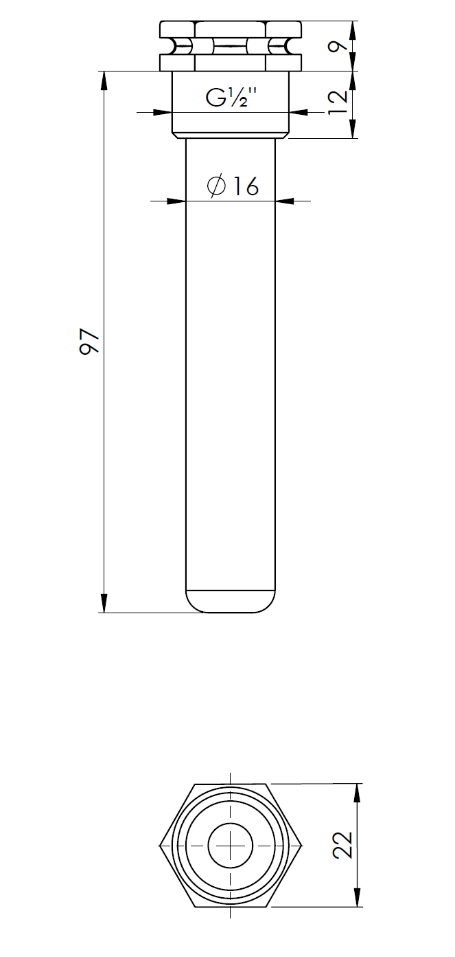 555034 Погружная гильза, fi15x16 мм, L 100 мм, НР1/2" - Размеры AFRISO 1
