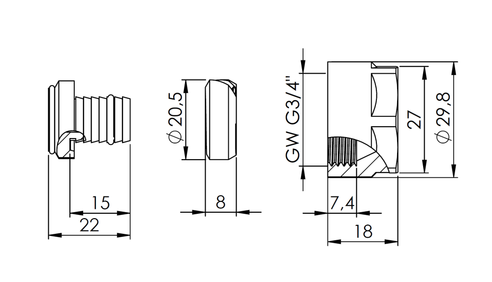 81277 Универсальный компрессионный фитинг для пластиковых труб с резьбой 3/4", 16x2 мм - Размеры AFRISO 1