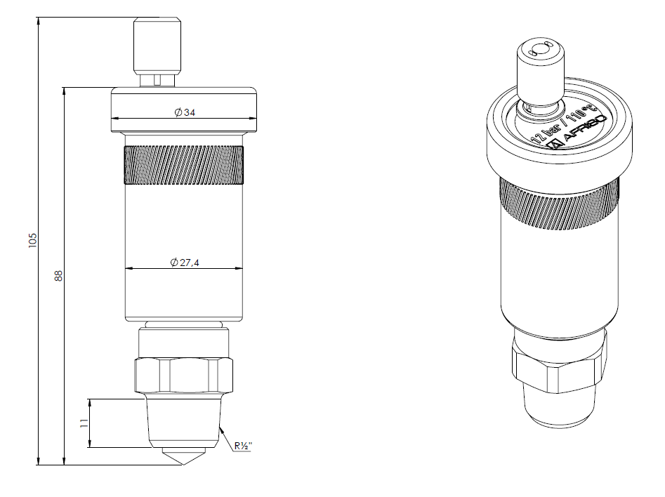 7773561 Автоматический вертикальный воздухоотводчик PrimoVent НР3/8" с Aquastop и отсечным клапаном НР1/2", никелированный - Размеры AFRISO 1