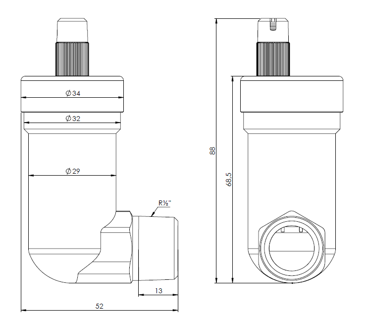 7775300 Автоматический воздухоотводчик угловой НР1/2" с AquaStop - Размеры AFRISO 1