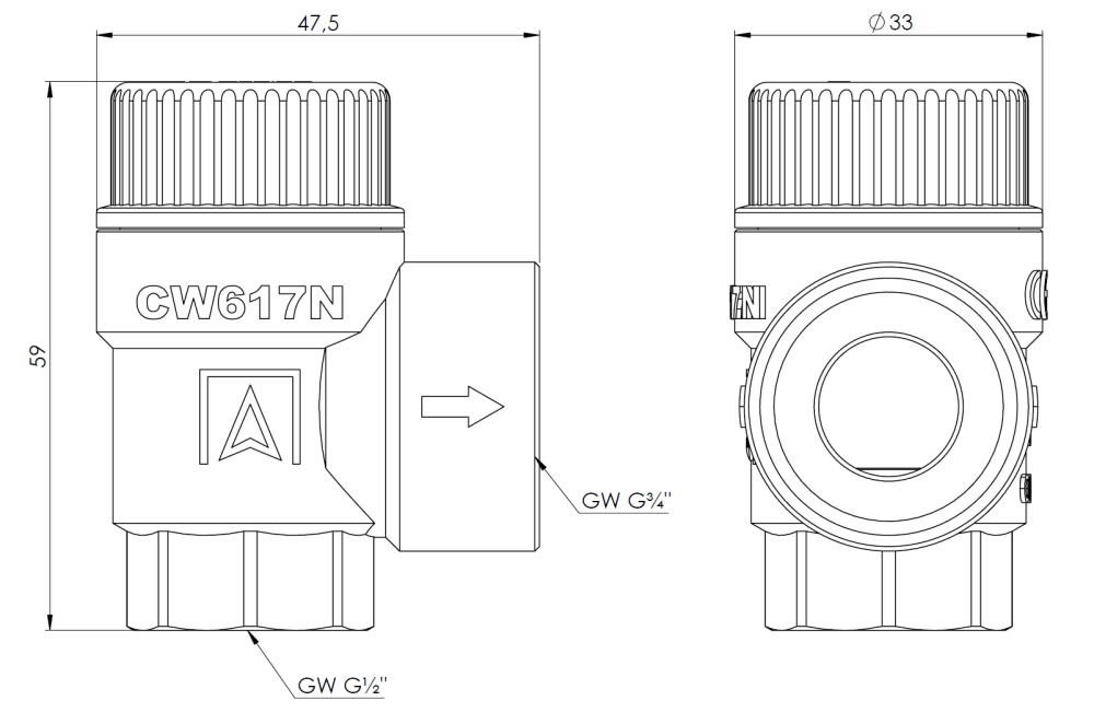 42385 Предохранительный клапан для центрального отопления MS, 2,5 бар, ВР1/2" x ВР3/4" - Размеры AFRISO 1