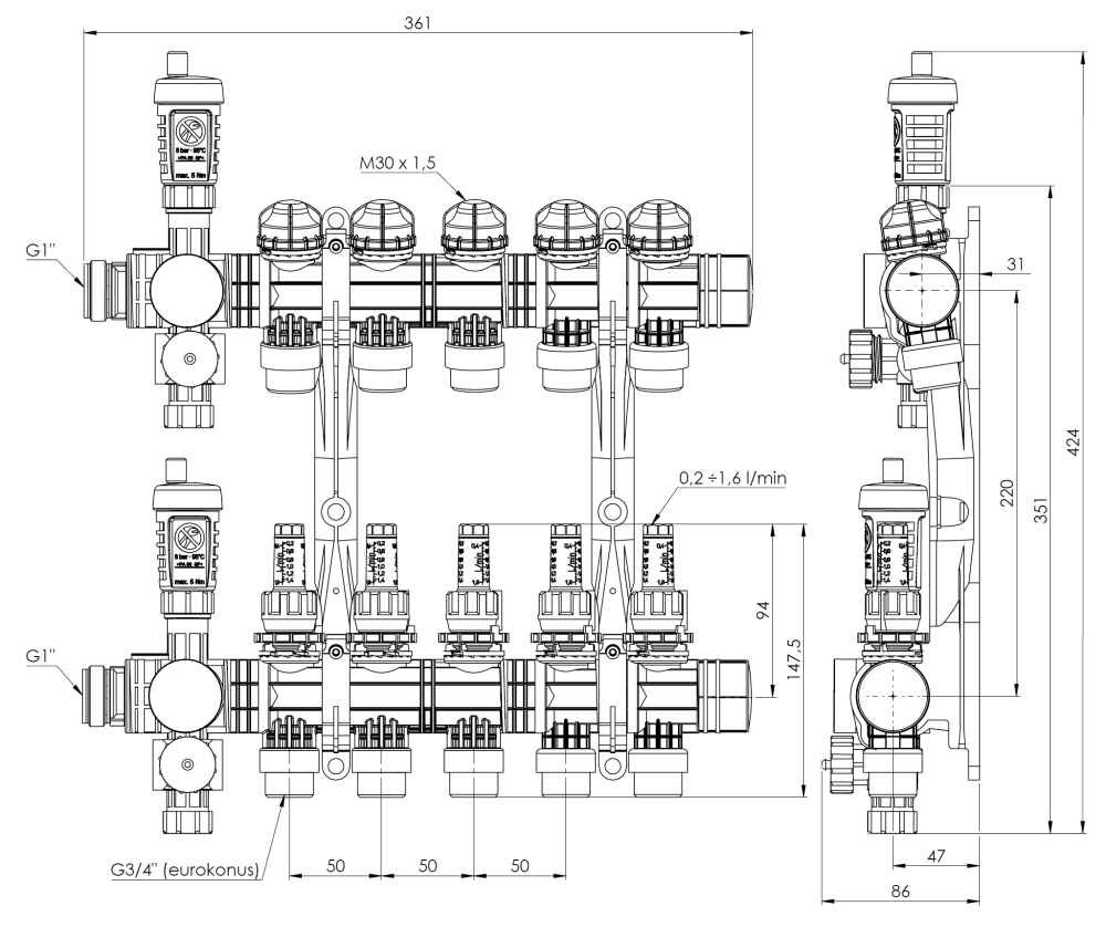 81365 ProCalida EF1 на 5 контуров отопления, ротаметры 0,2÷1,6 л/мин - Размеры AFRISO 1