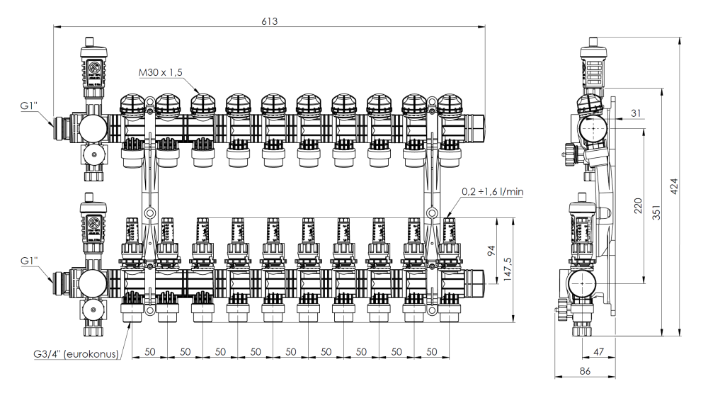 81370 ProCalida EF1 на 10 контуров отопления, ротаметры 0,2÷1,6 л/мин - Размеры AFRISO 1