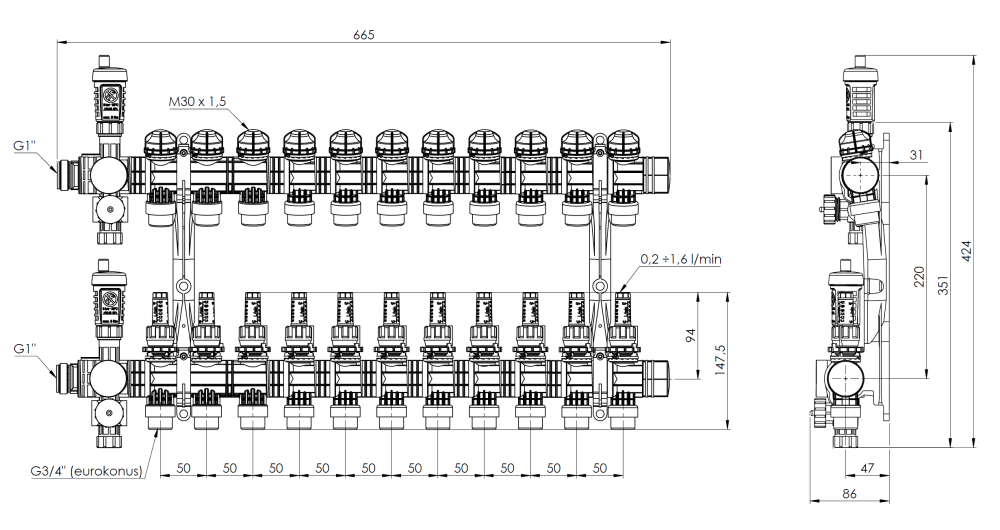 81371 ProCalida EF1 на 11 контуров отопления, ротаметры 0,2÷1,6 л/мин - Размеры AFRISO 1