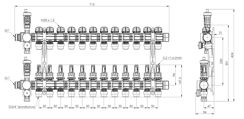81372 ProCalida EF1 на 12 контуров отопления, ротаметры 0,2÷1,6 л/мин - Размеры AFRISO 1