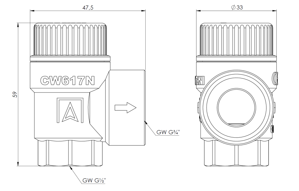 42390 Предохранительный клапан для центрального отопления MS, 3 бар, ВР1/2" x ВР3/4" - Размеры AFRISO 1