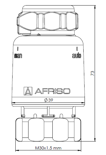 79015 Термоэлектрический привод TSA-02 FO, ВР m³0x1,5 мм, 24 В AC/DC, НЗ, функция ручного управления - Размеры AFRISO 1